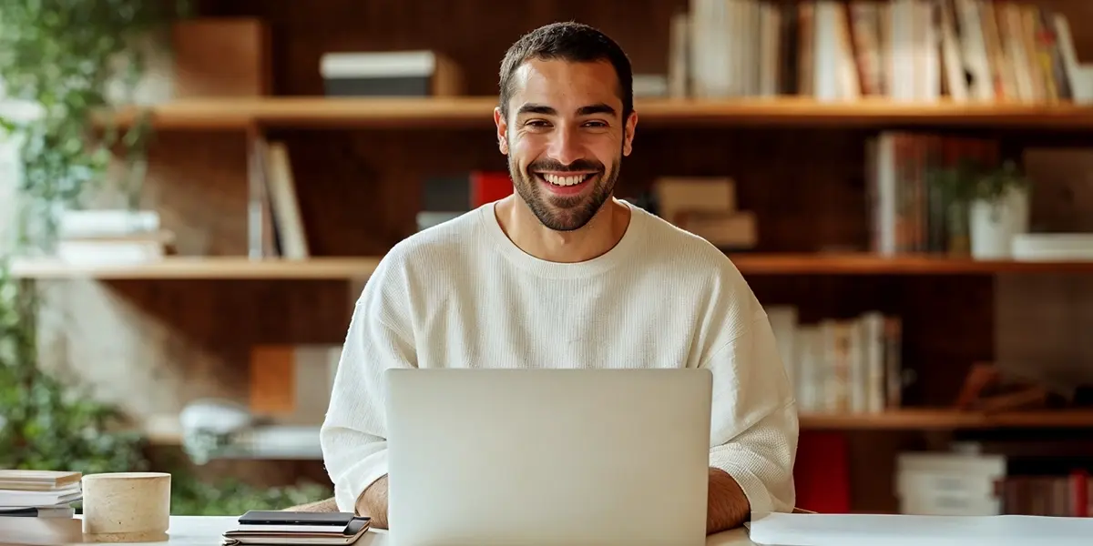 Homem em seu escritório, usando um notebook sobre a mesa, pesquisando sobre como aumentar as vendas do seu negócio.