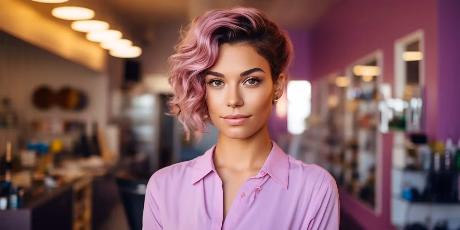 salão de beleza simples: uma mulher em pé em um salão de beleza olhando para frente