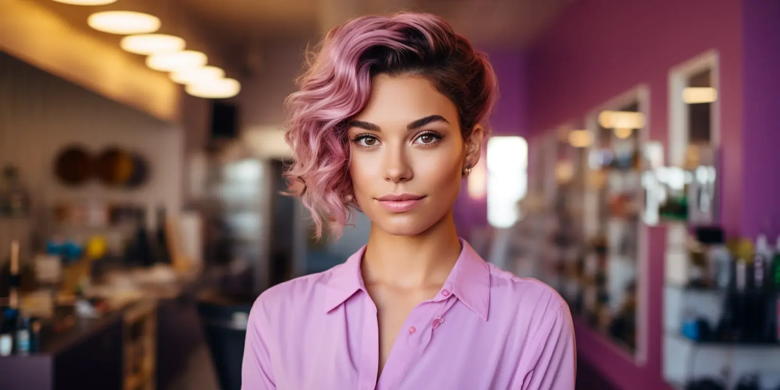 salão de beleza simples: uma mulher em pé em um salão de beleza olhando para frente