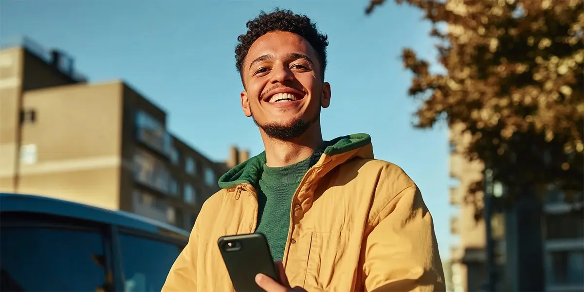 homem sorridente com celular na mão em uma rua ensolarada, transmitindo leveza e praticidade após ler sobre Pix Garantido