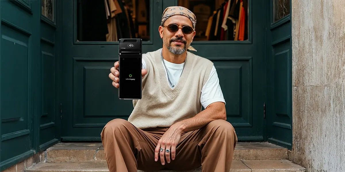 como ter maquininha de cartão: homem sentado no degrau que dá entrada à sua loja de roupas. a porta atrás dele é verde e mostra as roupas penduradas ao fundo, através de uma janela de vidro. ele está segurando uma maquininha da infinitepay, mostrando-a para a câmera.