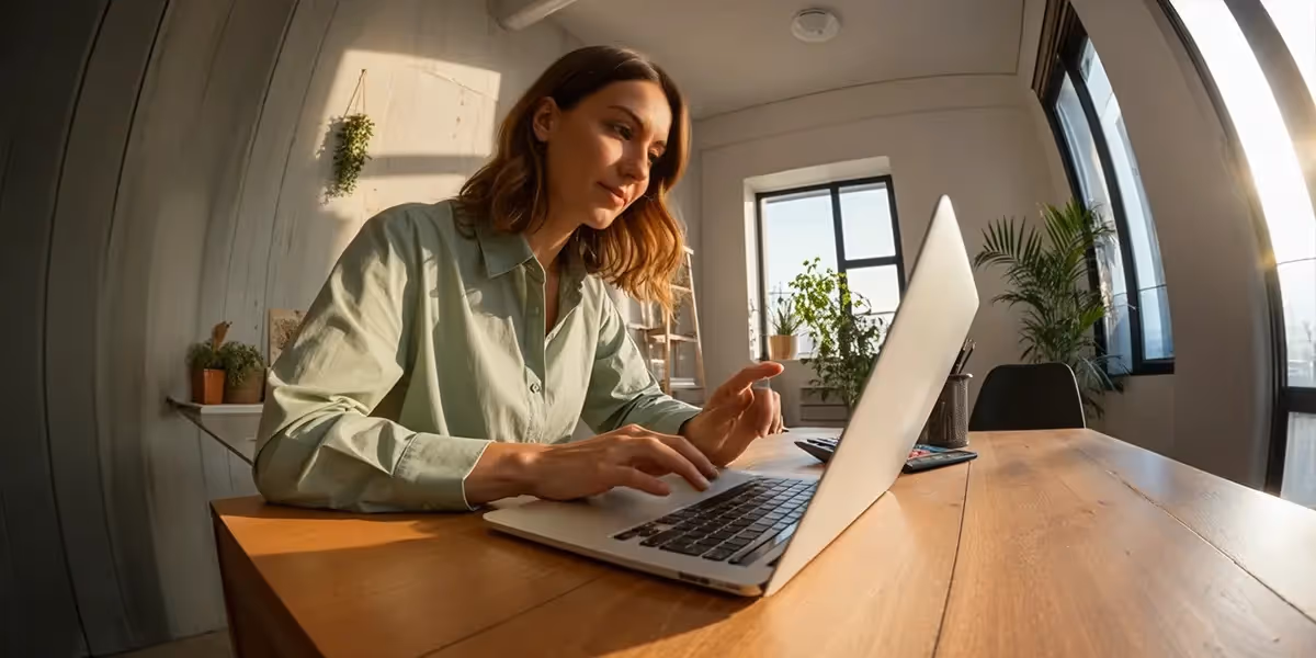 mulher em sua casa, utilizando seu notebook em uma mesa próxima às janelas, pesquisando sobre orçamento empresarial.