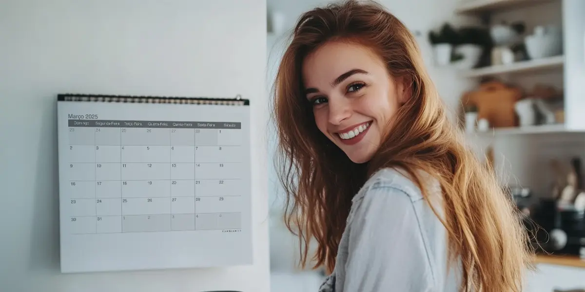 Mulher ao lado de um calendário em ambiente iluminado olhando para câmera sorrindo simbolizando o "Calendário fiscal MEI"