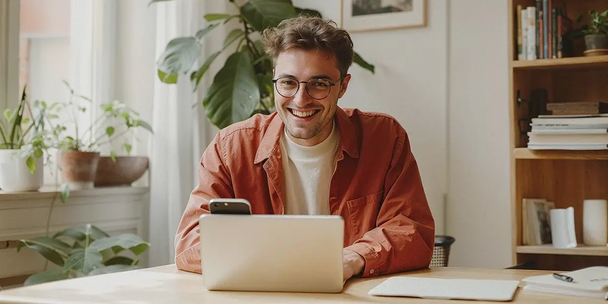 Homem sorrindo em frente a um laptop em um ambiente de trabalho com plantas e prateleiras ao fundo, simbolizando um processo de compras digital descontraído e eficiente