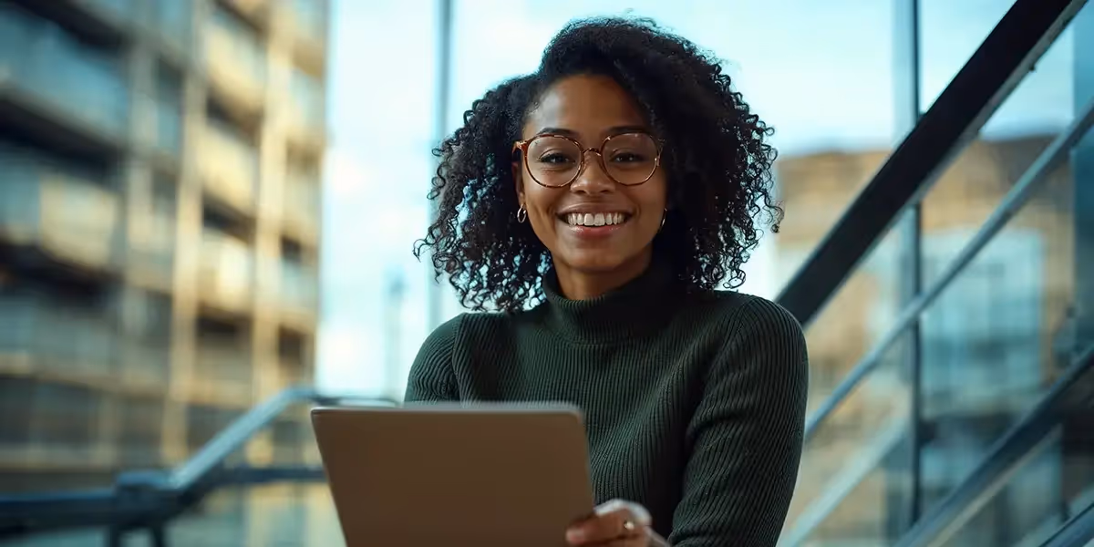 Mulher com um tablet na mão sorrindo simbolizando a pesquisa "open finance vale a pena?"