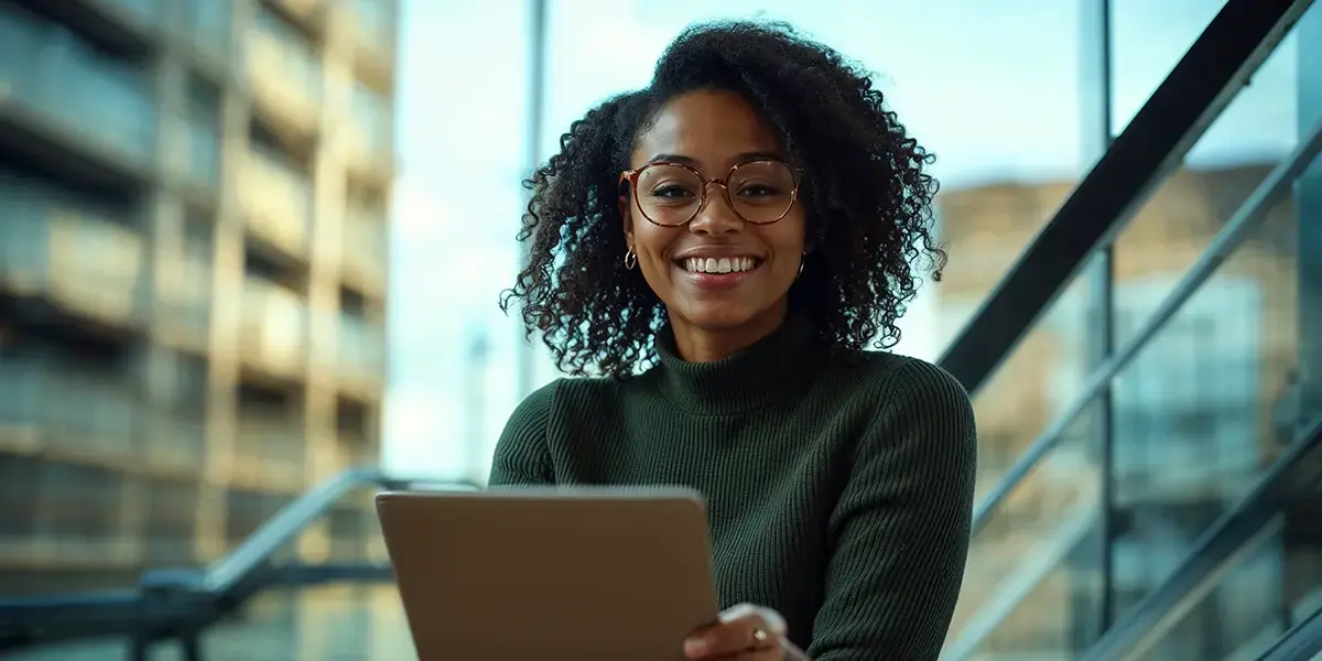 Mulher com um tablet na mão sorrindo simbolizando a pesquisa "open finance vale a pena?"