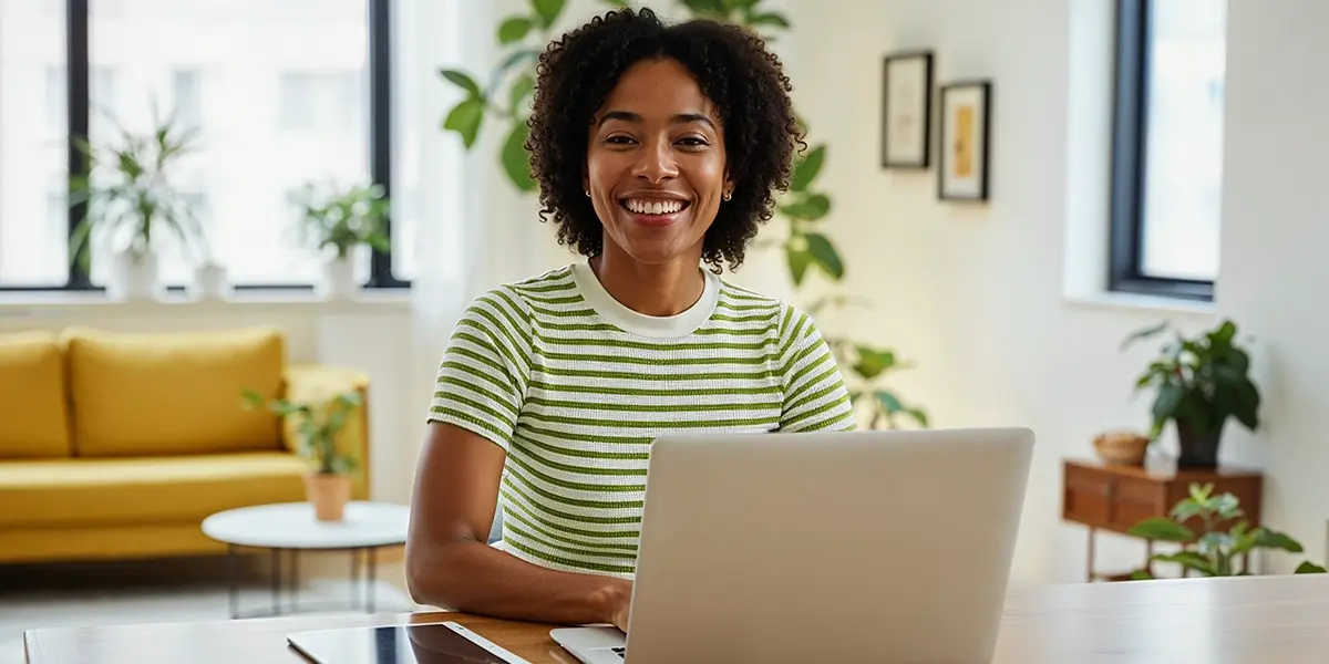 Mulher de camiseta listrada em uma sala de estar sentada de frente para um computador simbolizando a pesquisa "como emitir darf"