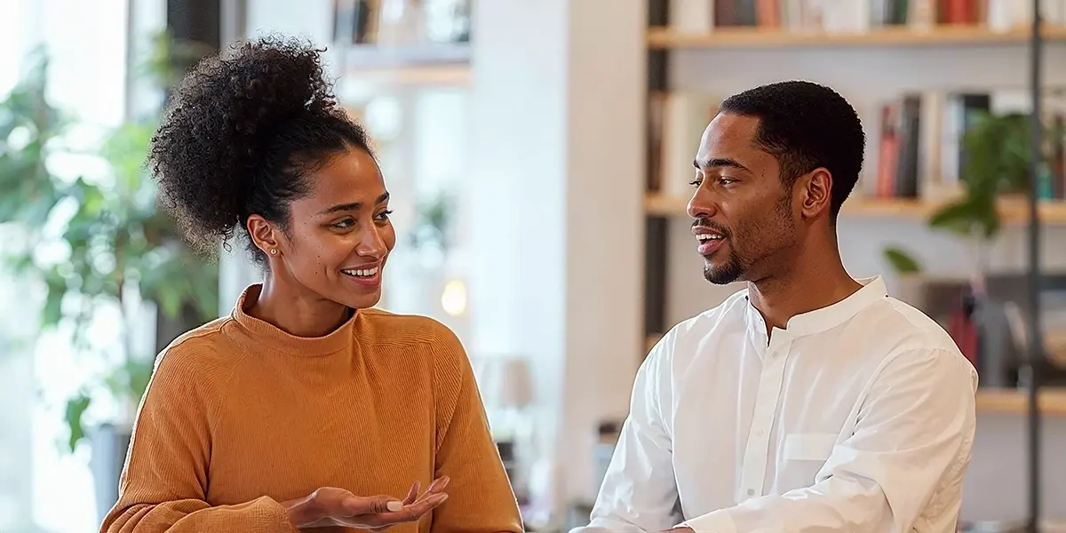 Uma mulher e um homem conversando sobre como fazer o dinheiro render