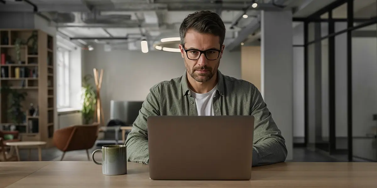 Homem de óculos concentrado enquanto trabalha no laptop em um escritório moderno, com uma xícara ao lado. Assim como ele analisa atentamente suas informações, a "malha fina" da Receita Federal verifica declarações do Imposto de Renda em busca de inconsistências, exigindo correções ou comprovação de dados caso haja divergências.