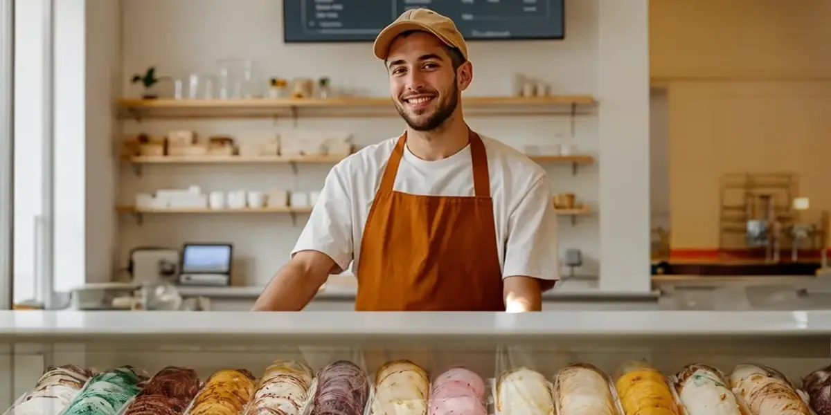atendente atrás de uma vitrine de sorvetes, ilustrando o artigo sobre como montar uma sorveteria.