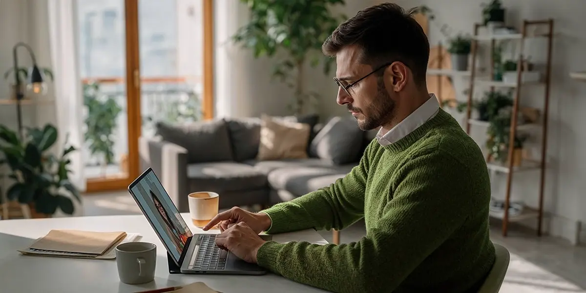 homem em seu escritório em casa, fazendo uma videochamada via notebook com a empresária para quem ele trabalha como BPO financeiro.