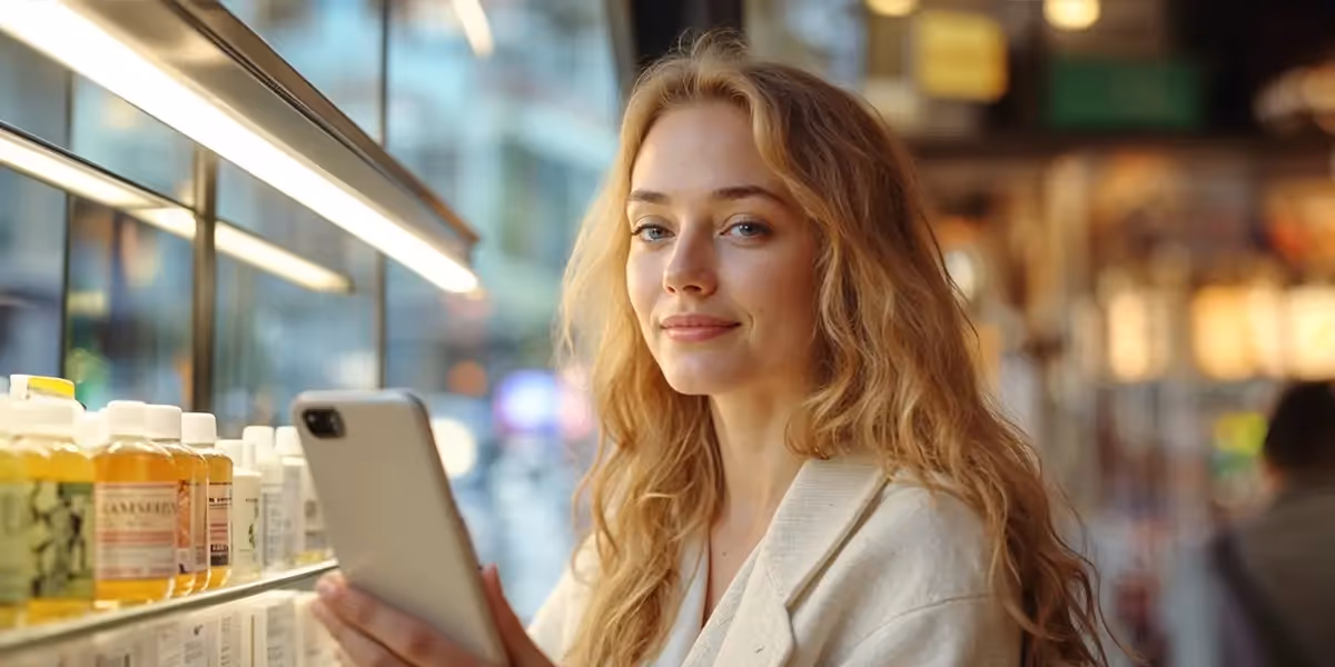 Mulher segurando um celular perto de a prateleiras com frascos brilhantes, ilustrando o tema "como fazer portabilidade de banco"
