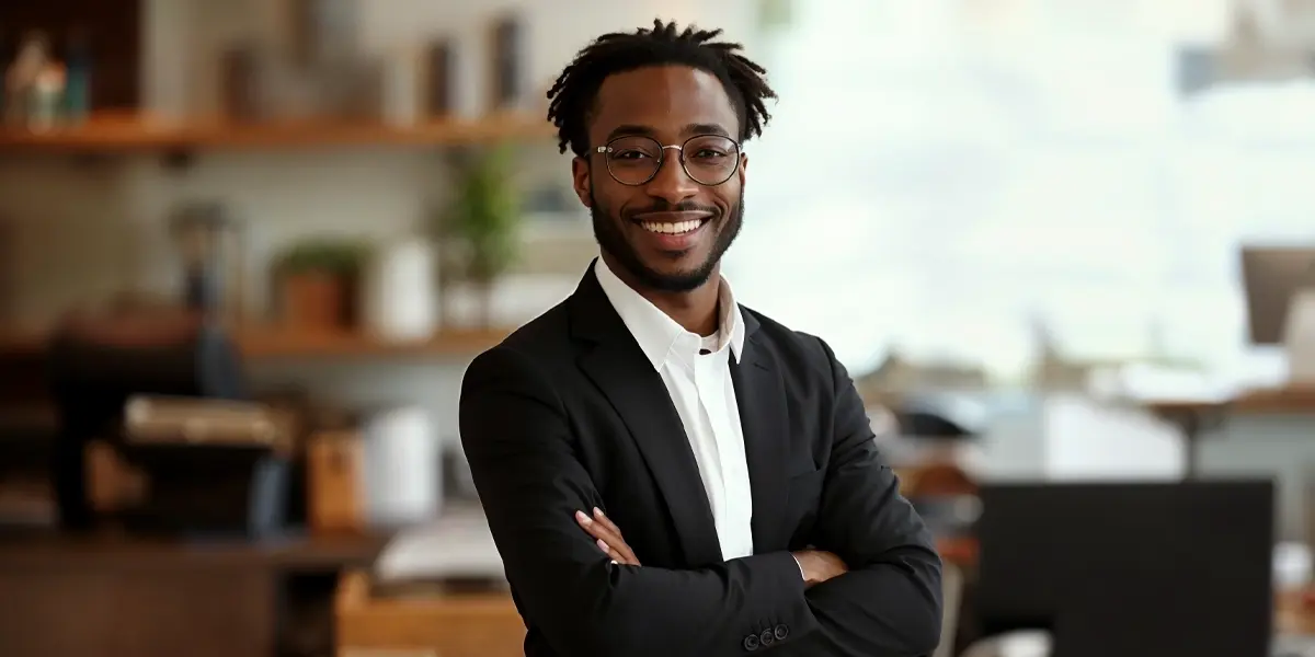 Homem de braços cruzados sorrindo para a câmera. Ele veste um terno preto para representar a formalização da pessoa jurídica.