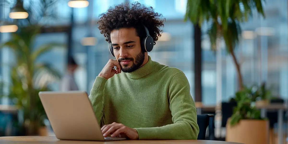 homem com headphones usando seu notebook para pesquisar sobre o que é CRM de vendas.