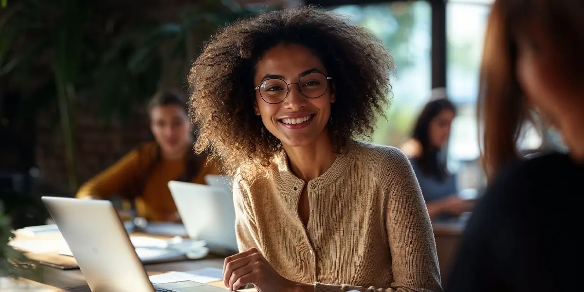 Mulher sorridente usando óculos, sentada em uma mesa com laptop pesquisando oportunidades de negócios