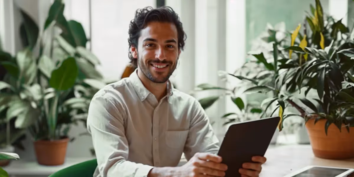 Homem sorridente segurando um tablet em ambiente de trabalho com plantas ao fundo, representando profissional de digital commerce.