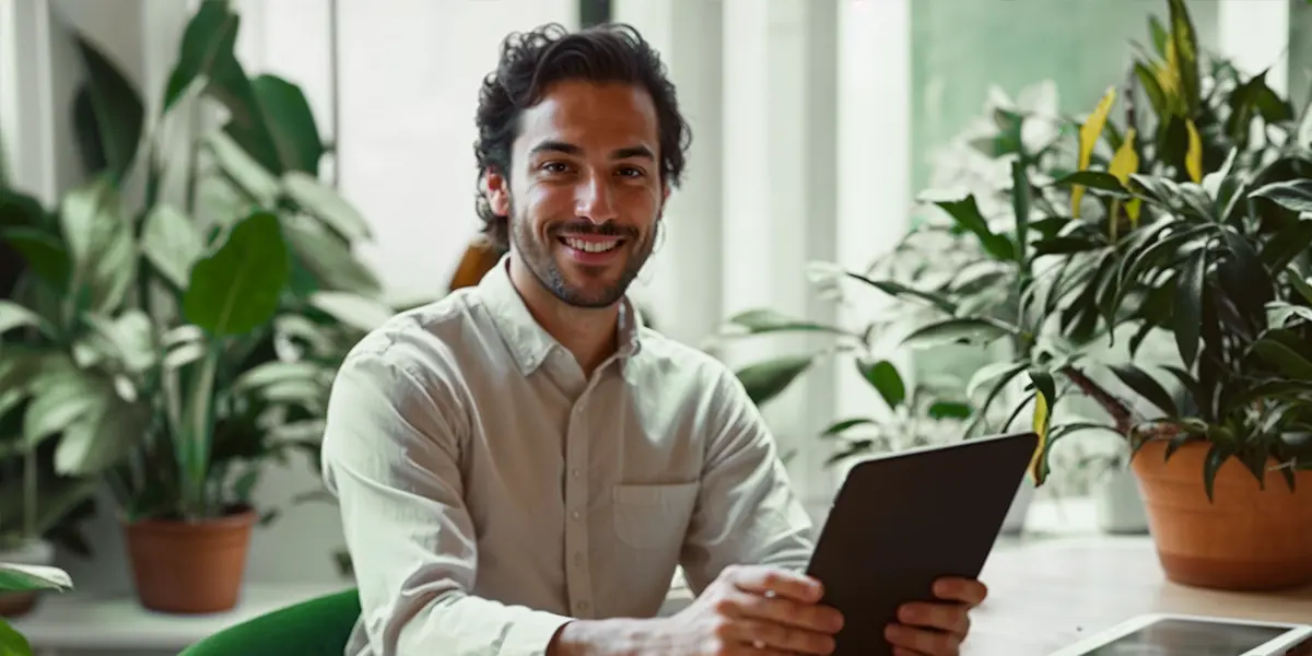 Homem sorridente segurando um tablet em ambiente de trabalho com plantas ao fundo, representando profissional de digital commerce.