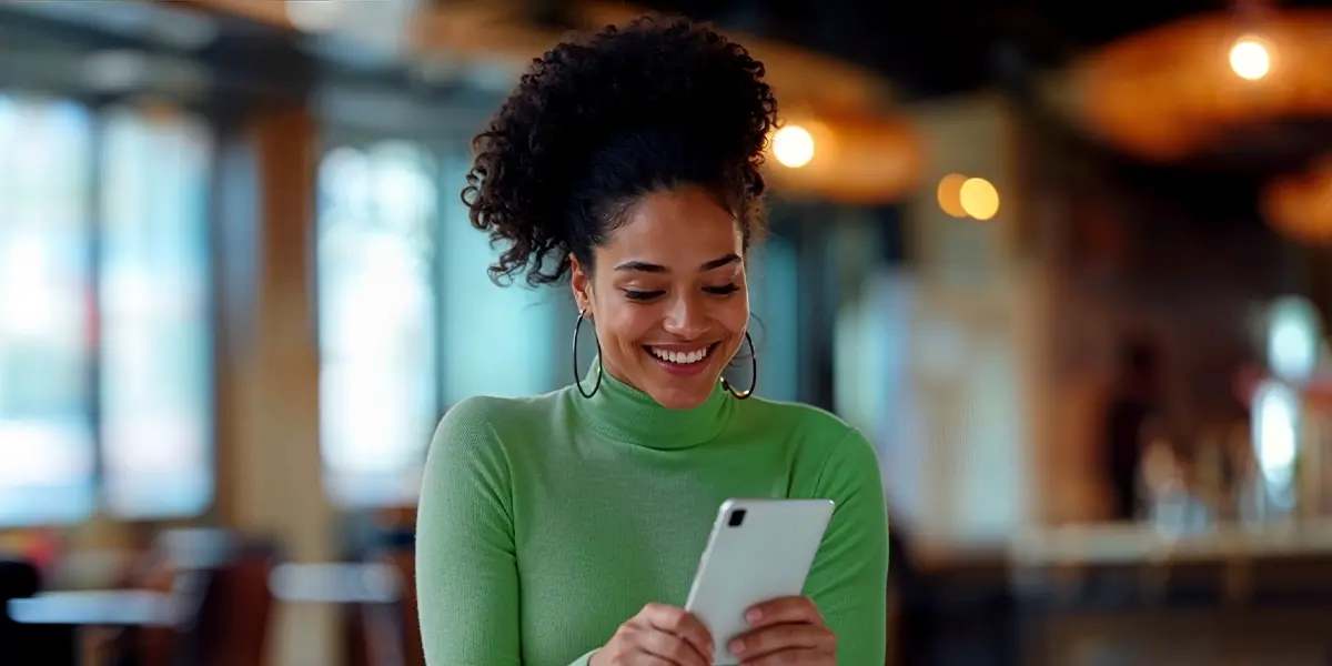 Mulher sorrindo e segurando um tablet em um ambiente interno, pesquisando o que é DDA