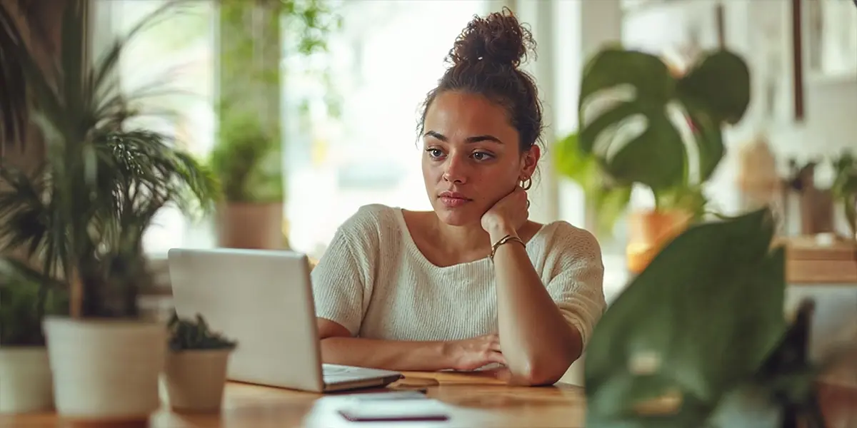 mulher utilizando seu notebook em um ambiente fechado com plantas, pesquisando sobre fraudes black friday para se proteger na hora de fazer suas compras online.