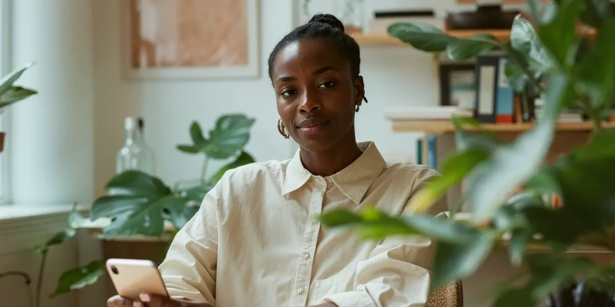 Mulher segurando um celular, aparentando está se informando sobre como vender parcelado sem maquininha, sentada em um ambiente iluminado e rodeado por plantas, transmitindo uma atmosfera calma e profissional.
