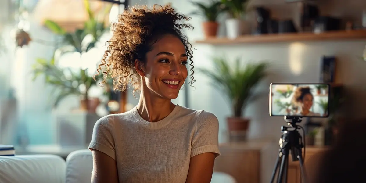 Mulher sorrindo enquanto grava vídeo com smartphone montado em tripé, em ambiente iluminado e com plantas ao fundo