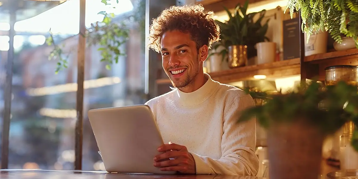 Homem sorridente usando um tablet em um ambiente iluminado e decorado com plantas, representando produtividade em um contexto de planejamento, como um calendário comercial.
