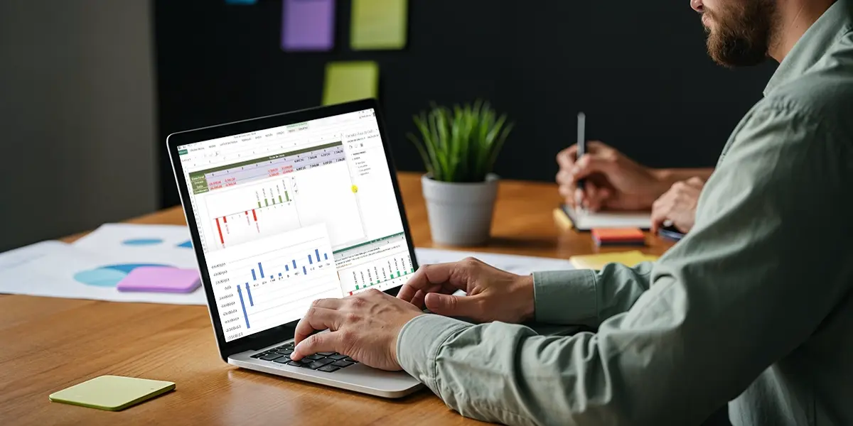 homem em seu escritório em casa, após voltar do trabalho, analisando com sua esposa gráficos que mostram suas despesas do mês, ilustrando o tema do controle financeiro pessoal.