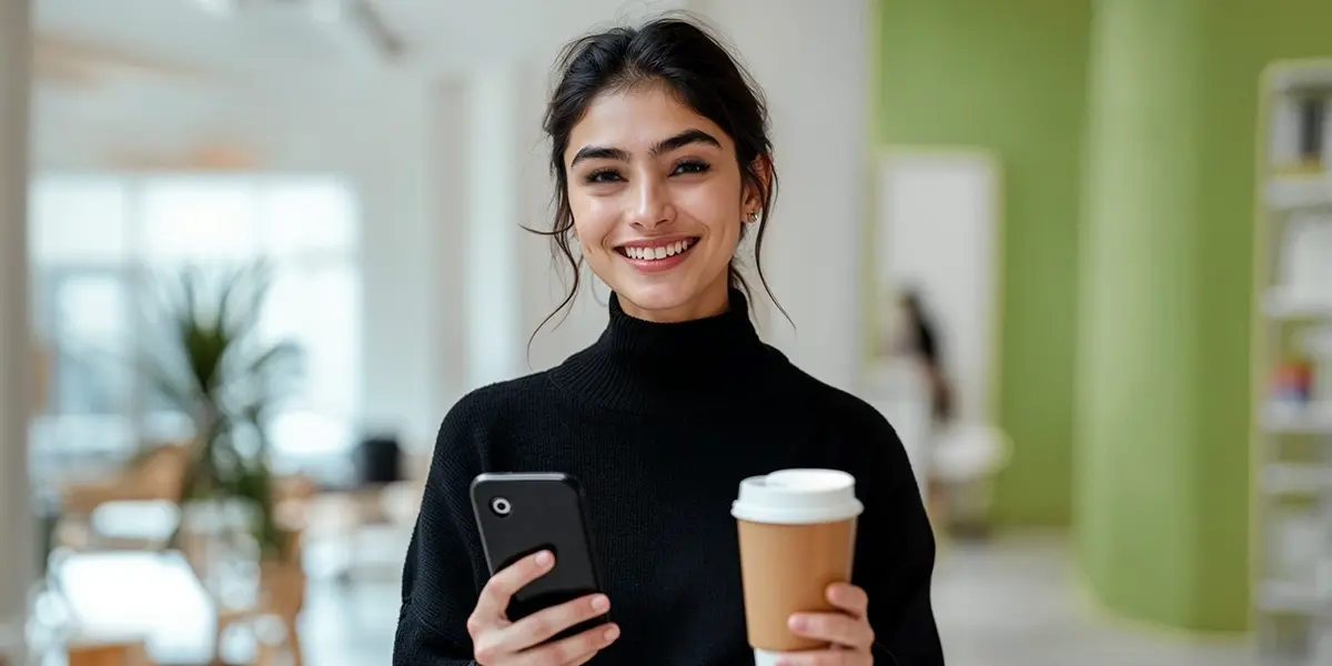 Mulher sorridente segurando um celular e um copo de café em um ambiente iluminado, representando praticidade ao gerenciar o limite de Pix