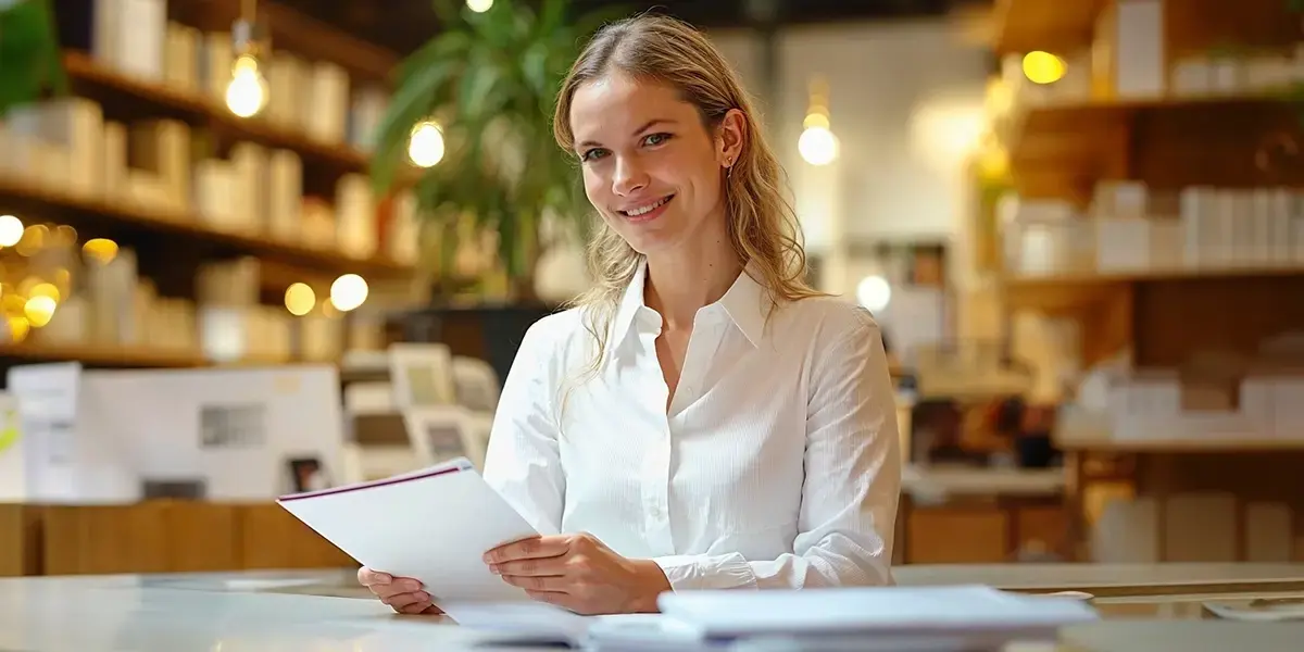 O que é receita: Mulher de camisa social branca está em seu escritório, sentada em frente a uma mesa, segurando alguns documentos nas mãos. Ela sorri para a câmera.