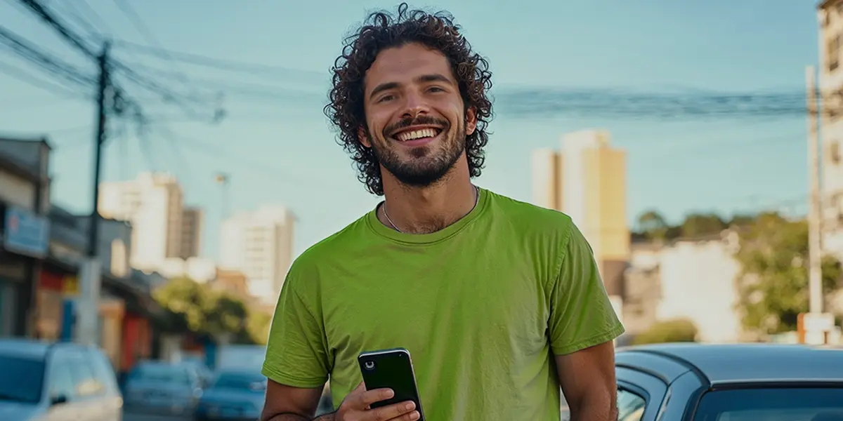 Homem com seu telefone na mão sorri para a câmera após ler sobre como criar um nome para empresa.