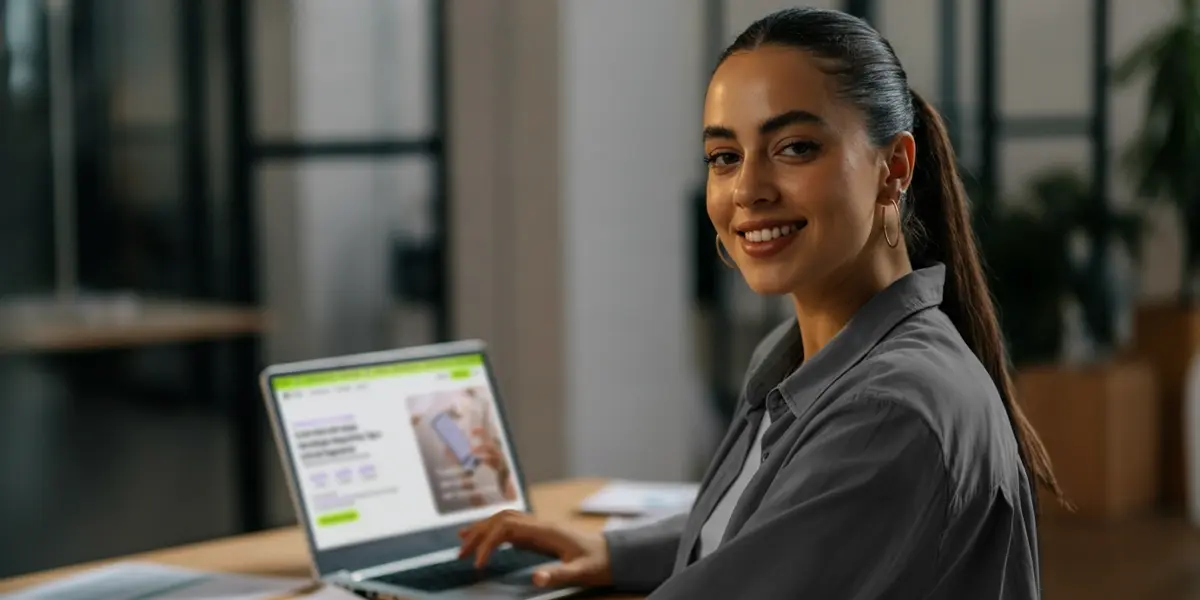 mulher em seu escritório, utilizando a plataforma da InfinitePay em seu notebook para oferecer vendas a prazo para seus clientes.