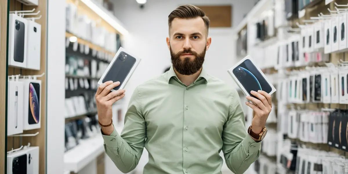 Upsell e cross sell: homem em sua loja de eletrônicos segurando duas embalagens de smartphone, uma em cada mão. Um modelo é mais avançado que o outro, sugerindo upsell.