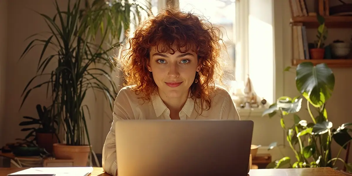 Mulher de frente para um computador simbolizando a pesquisa "como elaborar um plano de negócio"