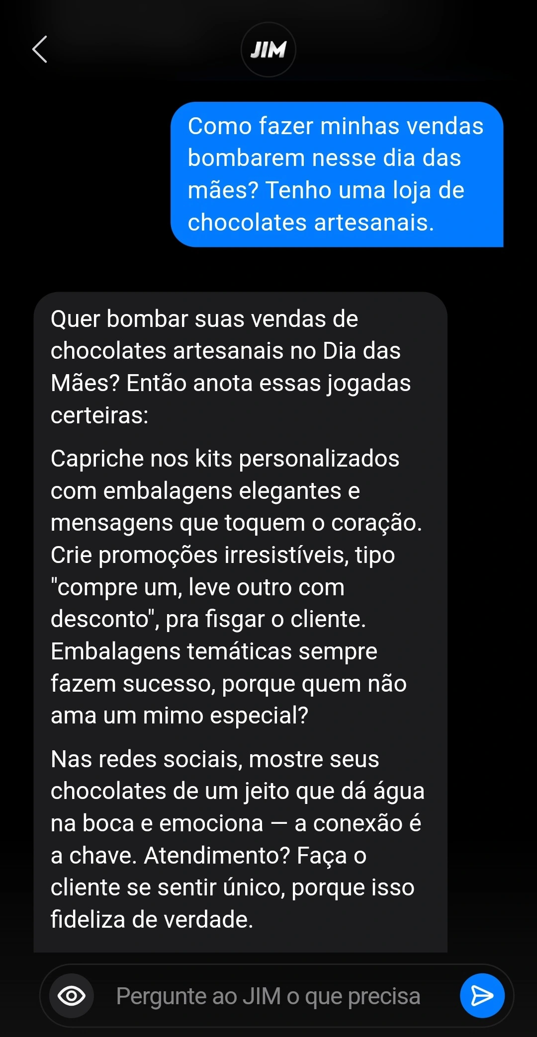 BPO financeiro: jim, inteligência artificial da infinitepay, respondendo mensagem sobre como fazer as vendas bombarem