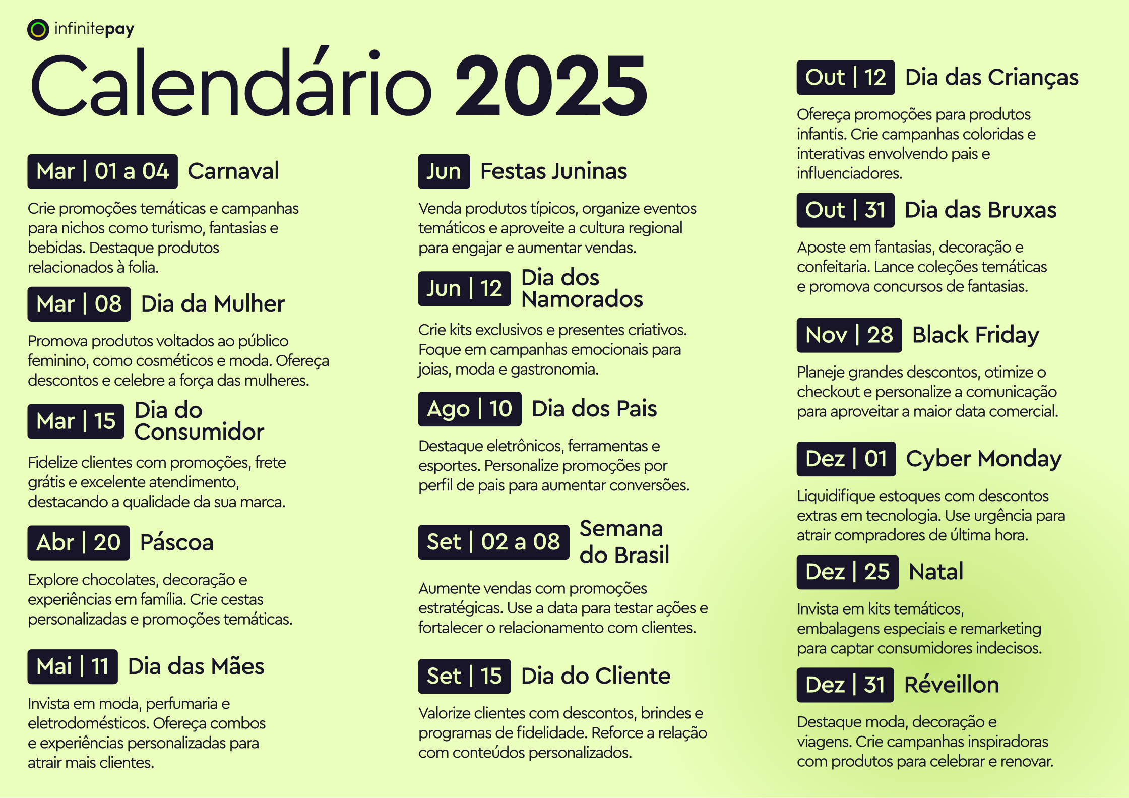 Calendário comercial 2025 com os meses e as datas mais relevantes para o comércio
