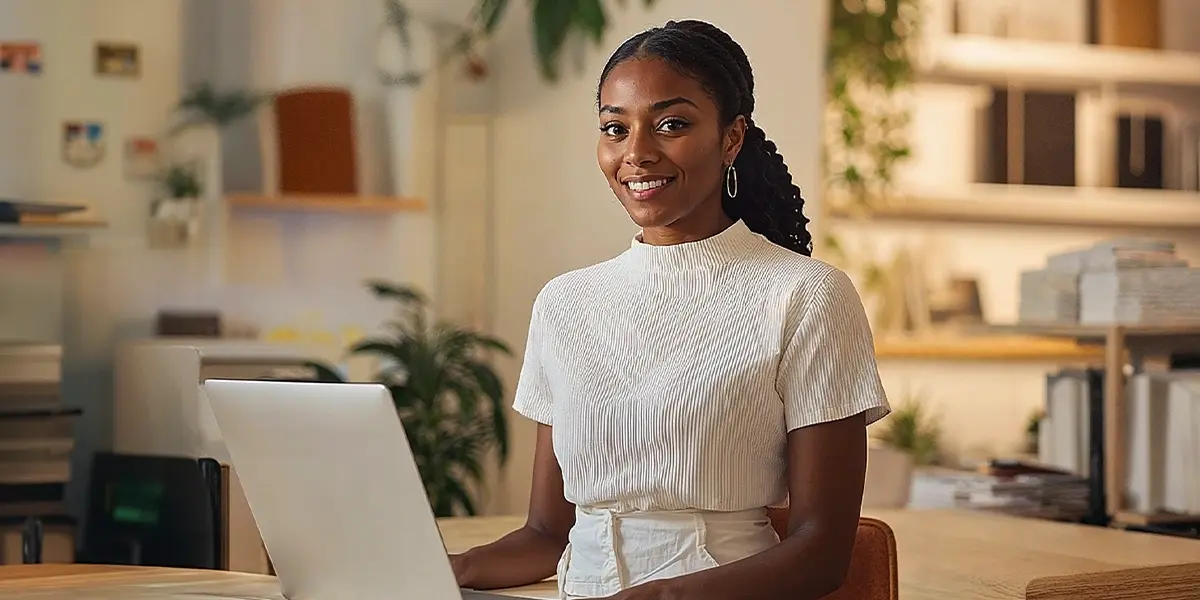 Mulher sorridente trabalhando em casa com laptop em mesa, representando ideias de trabalho remoto