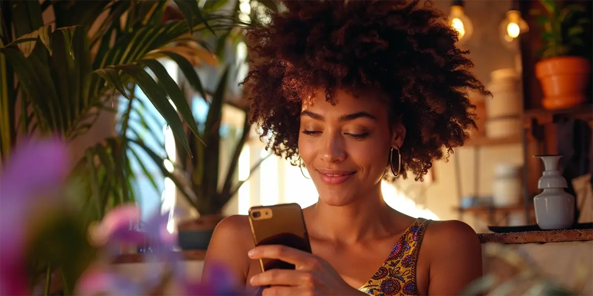 Mulher sorridente usando smartphone lendo sobre como ganhar dinheiro no tiktok, em ambiente iluminado com plantas ao fundo