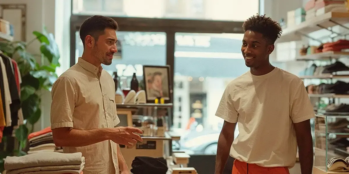 Homem ensinando funcionário em loja de roupas sobre como cobrar uma pessoa educadamente.