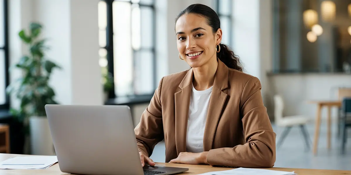  profissional sorridente usando notebook em ambiente corporativo moderno indicando a prospecção de clientes para impactar nas vendas