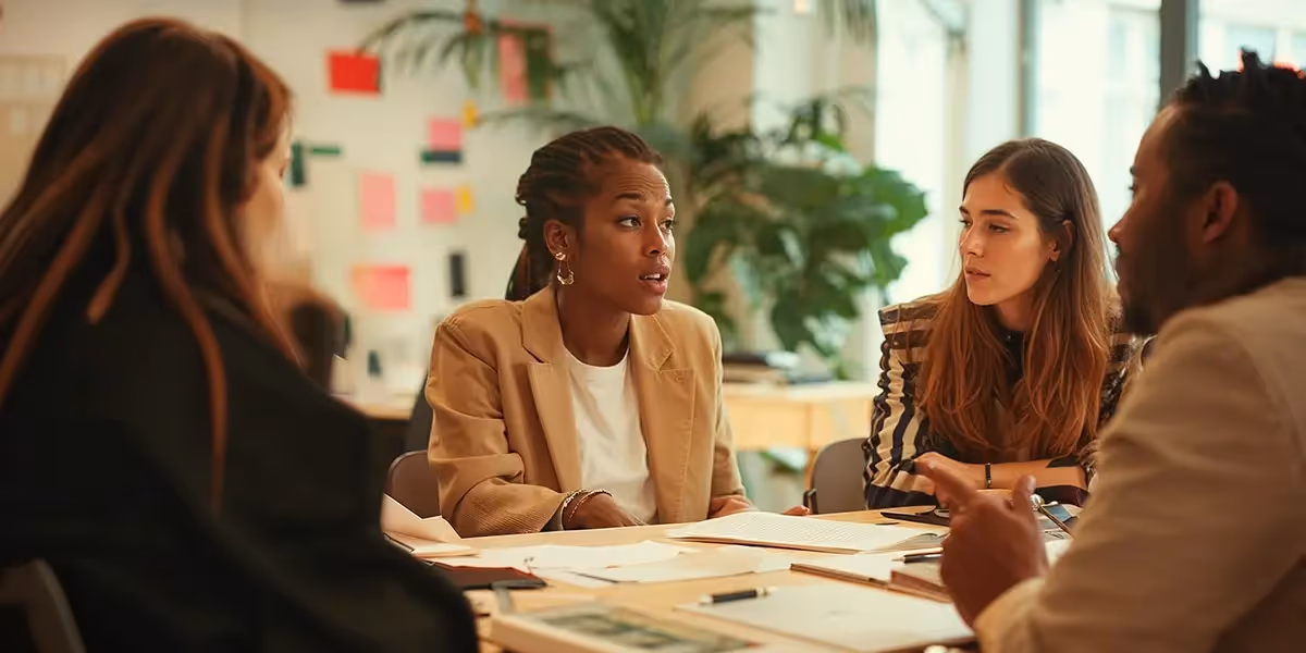Equipe de 4 pessoas discutindo uma estratégia de vendas