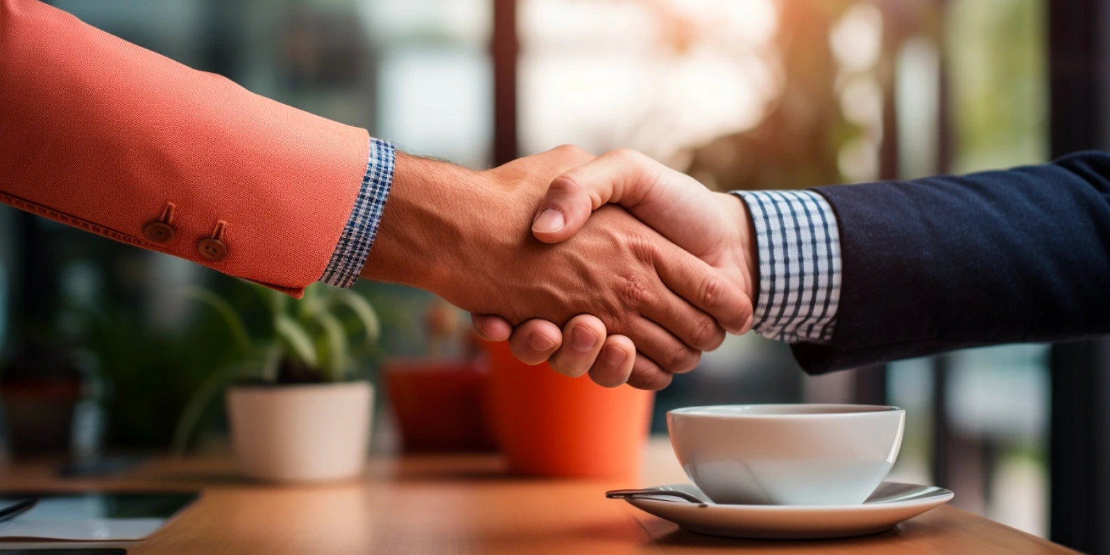 Prospecção de clientes: duas pessoas apertando as mãos em um ambiente de cafeteria