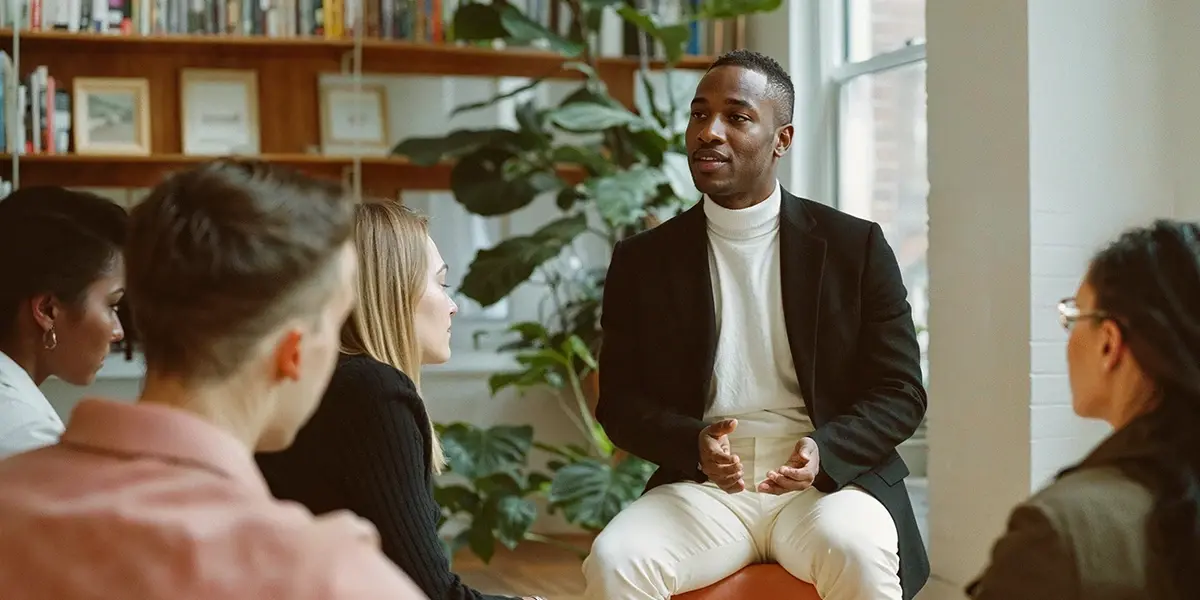 Grupo de pessoas em reunião, com um homem ao centro gesticulando enquanto fala, discutindo técnicas de vendas.