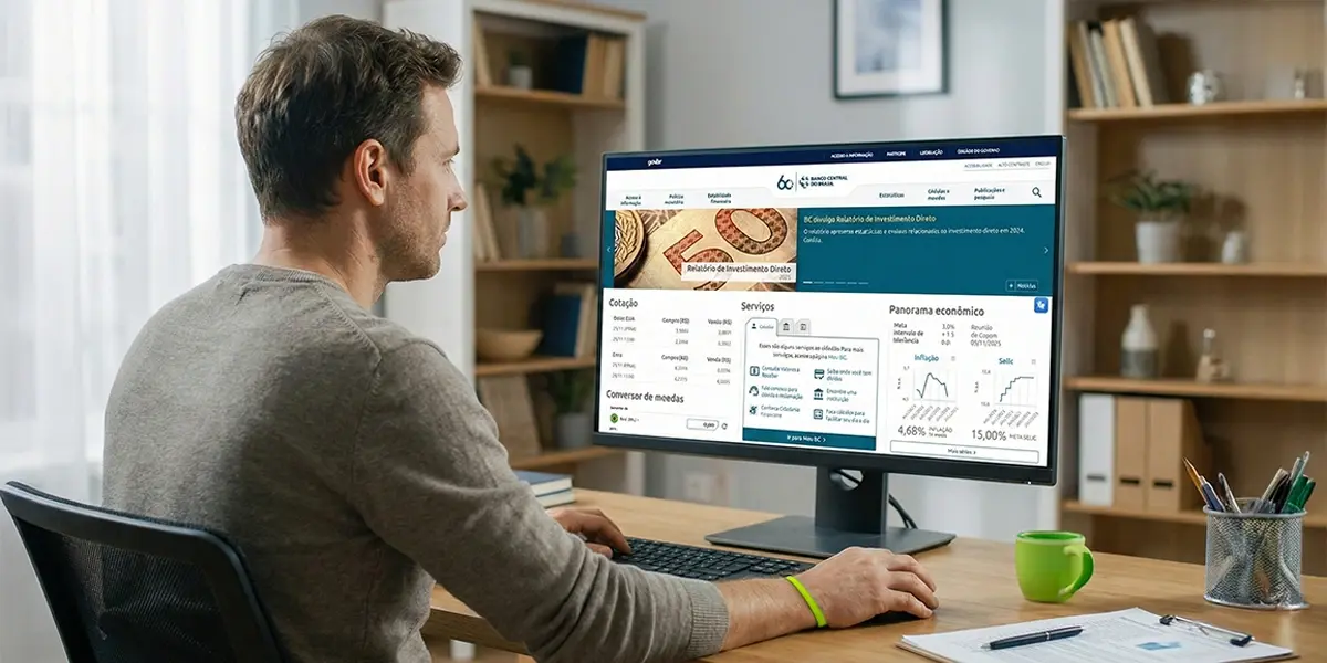 Homem consultando o site do Banco Central do Brasil no computador para verificar o panorama econômico e a taxa Selic.