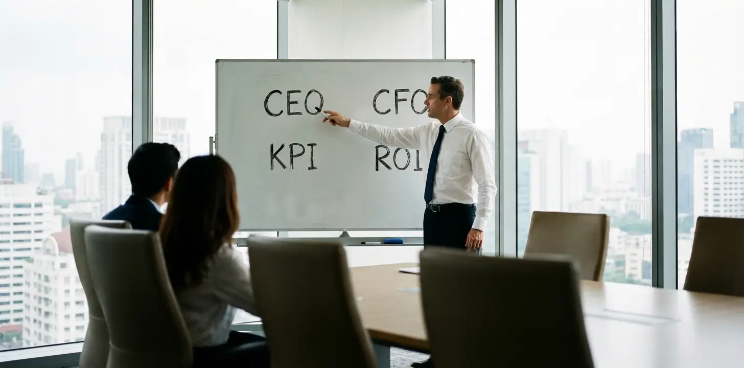 CEO, CFO, KPI e ROI escritas em um quadro branco durante apresentação empresarial.