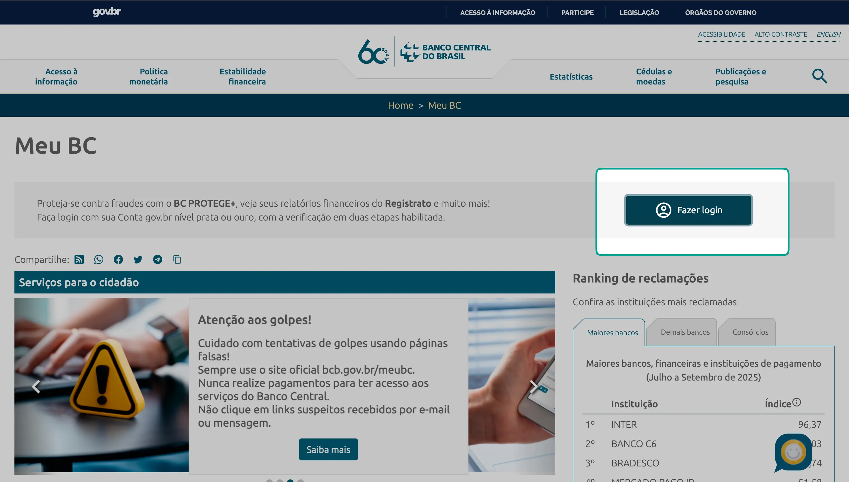 Destaque no botão Fazer Login na página inicial do Meu BC.