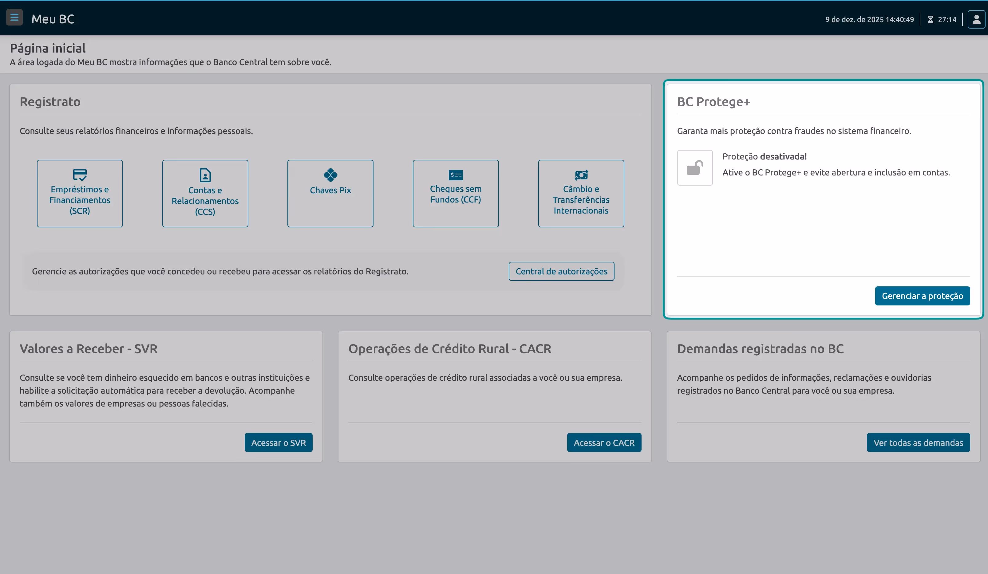 Destaque no quadro BC Protege+ e no botão Gerenciar a proteção.