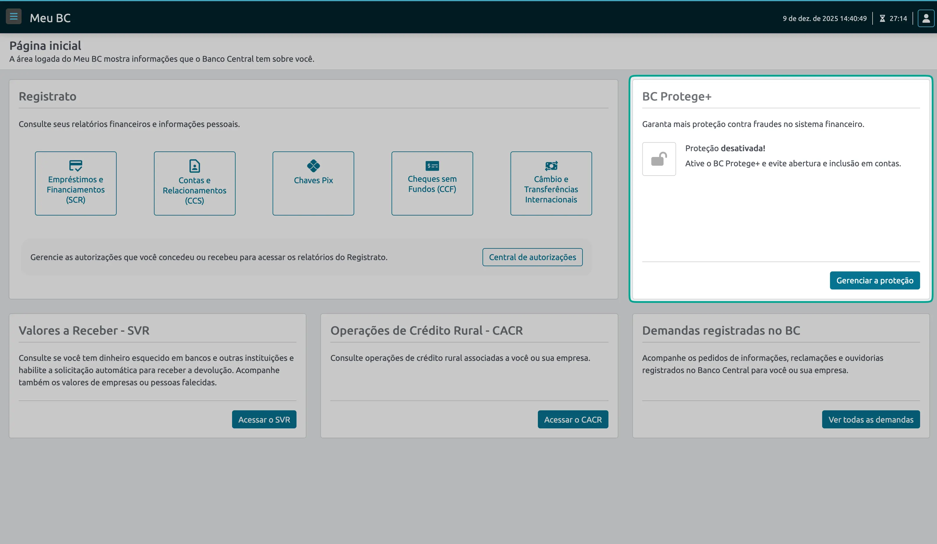 Destaque no quadro BC Protege+ e no botão Gerenciar a proteção.