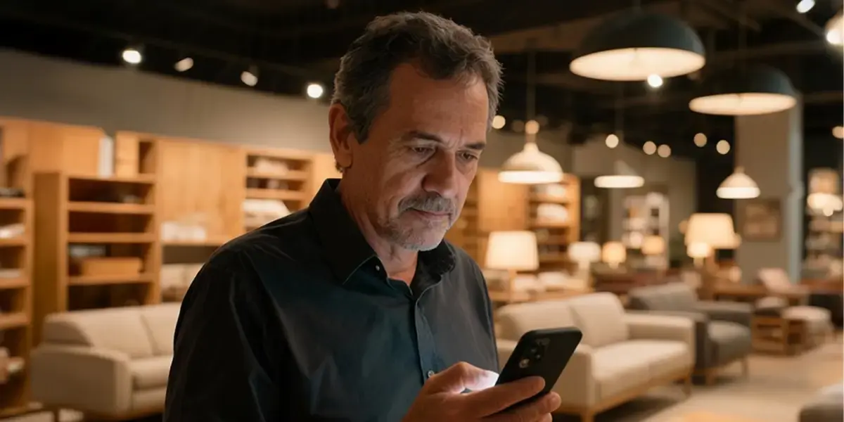 golpe da falsa central sendo investigado por homem de meia-idade olhando preocupado para seu celular em uma loja de móveis iluminada.
