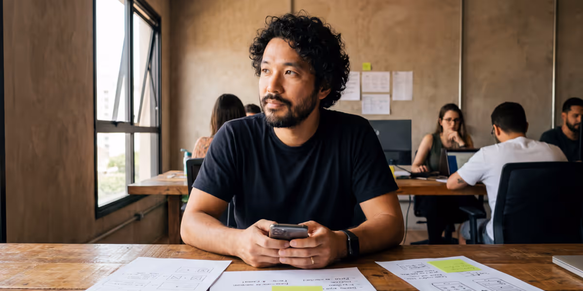 homem segurando celular sentado em mesa de escritório com papéis e pessoas ao fundo trabalhando em notebooks.
