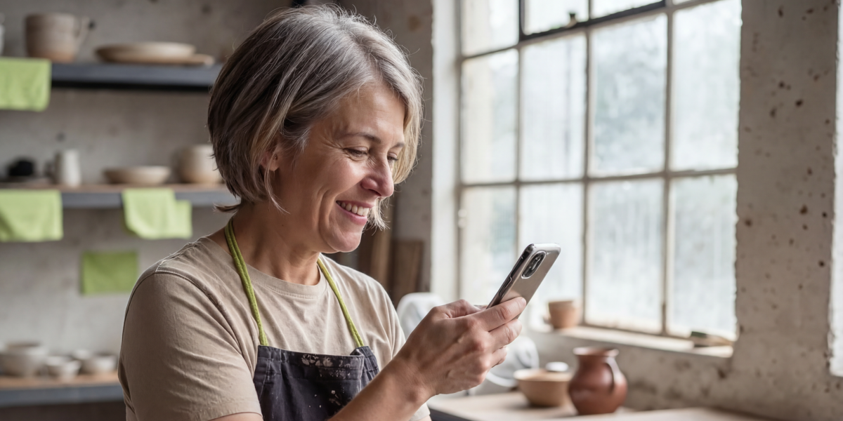 mulher sorrindo ao olhar para celular dentro de ateliê de cerâmica com prateleiras e vasos ao fundo.